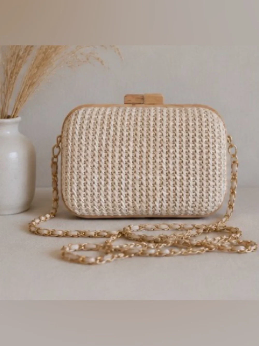 Tommy Bahama Raffia Woven Wood Frame Crossbody Clutch Gold Chain Natural NWT